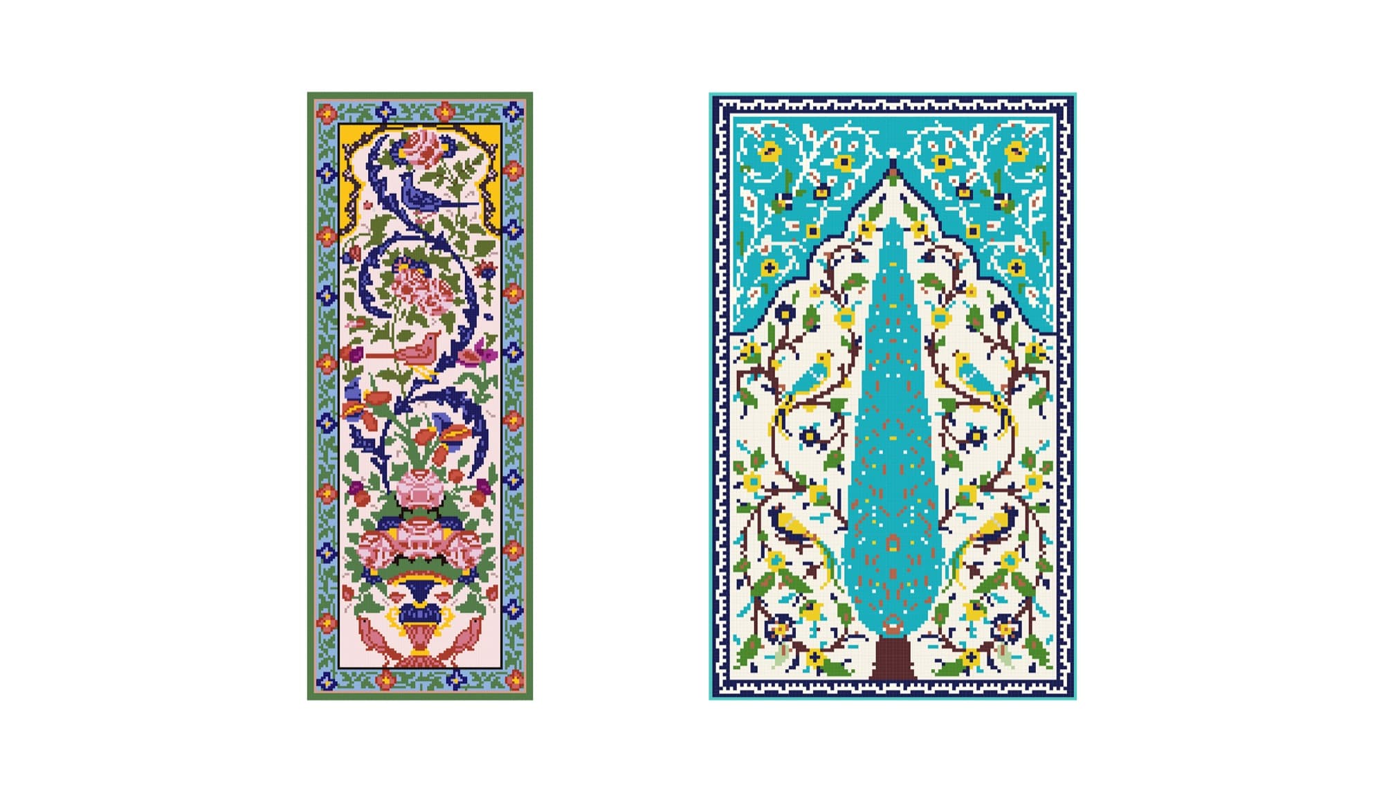 Two Persian floral-and-bird tile panels rendered in pixel art.