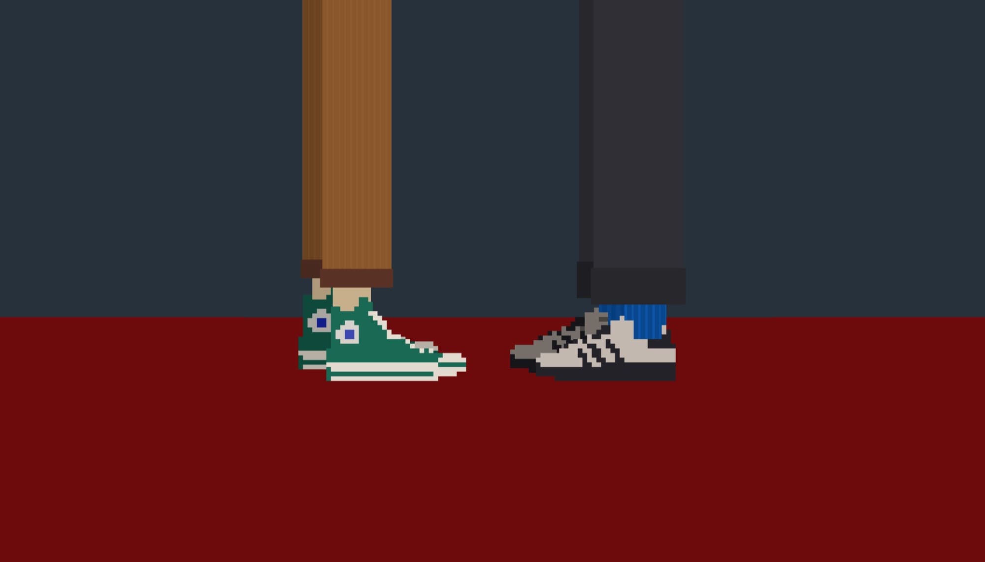 Two pairs of pixel-art sneakers and legs over navy and red.