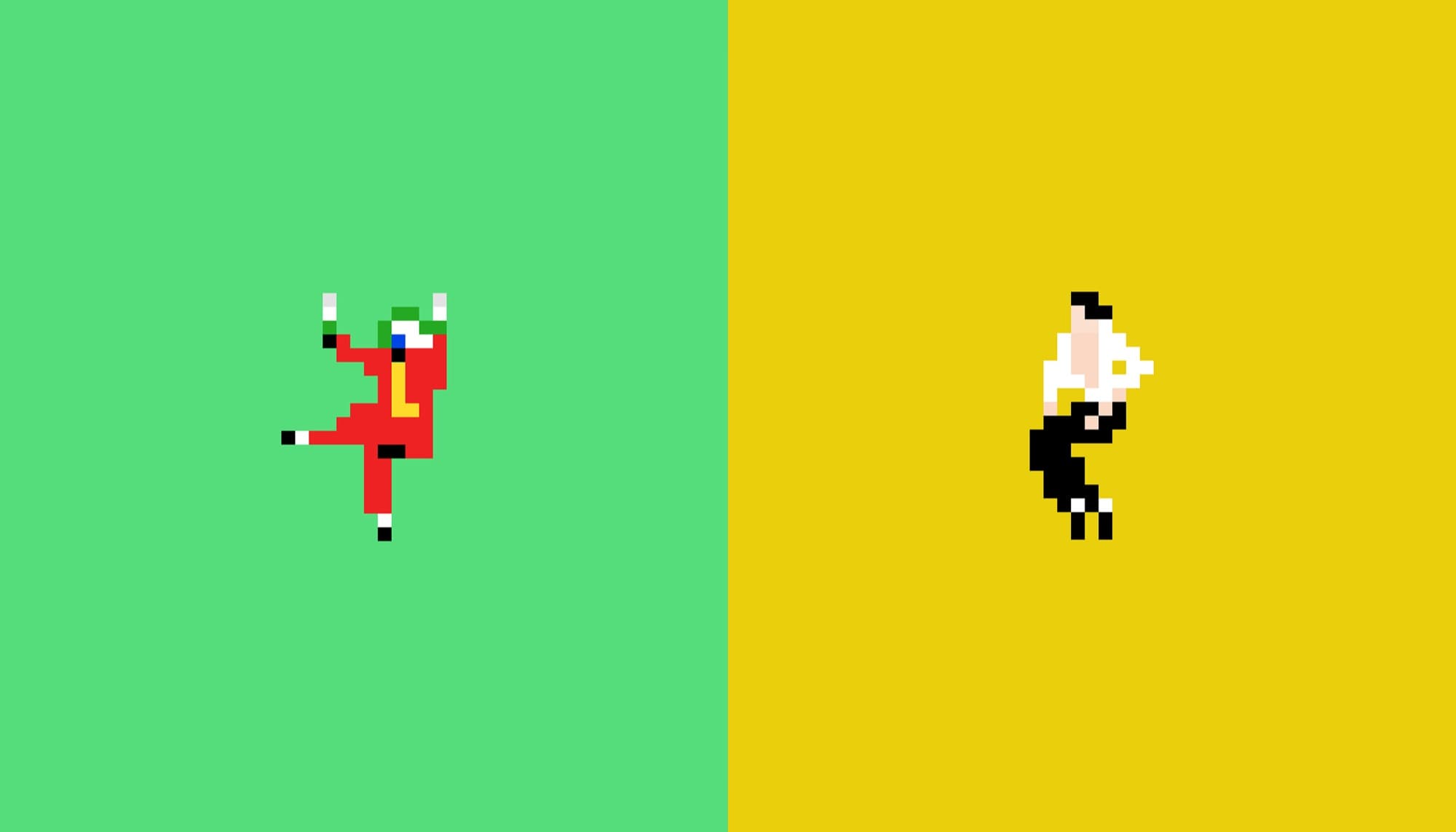 Two dancing pixel-art figures on green and yellow grounds.