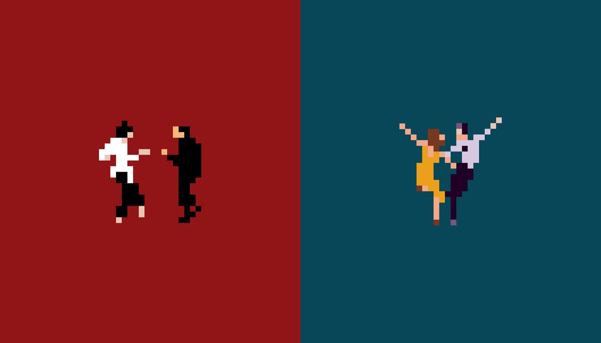 Two film dance scenes rendered in pixel art, on red and teal.