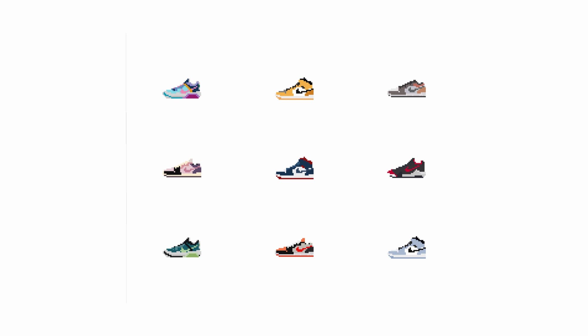 A grid of nine pixel-art sneakers.