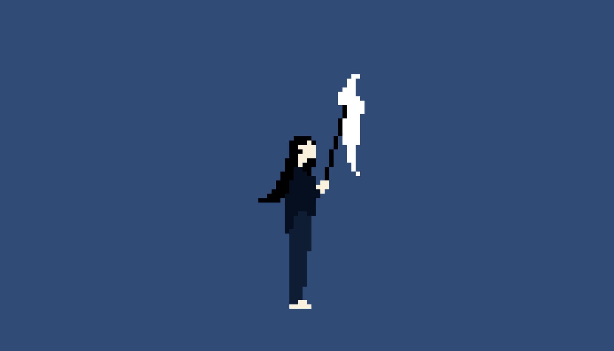 A pixel-art figure releasing a glowing white form on a blue ground.