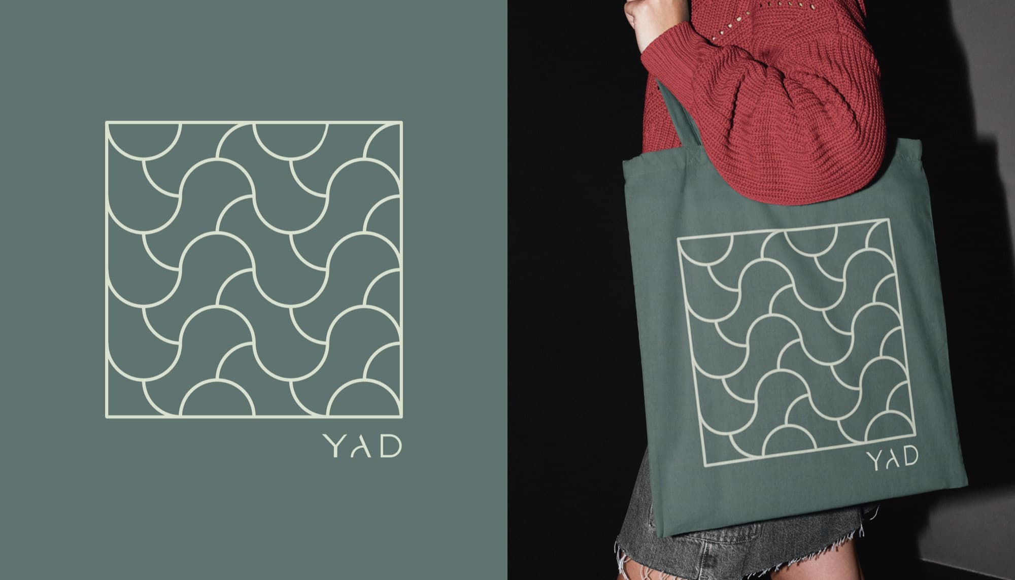 YAD wave pattern and a sage tote bag carrying the mark.