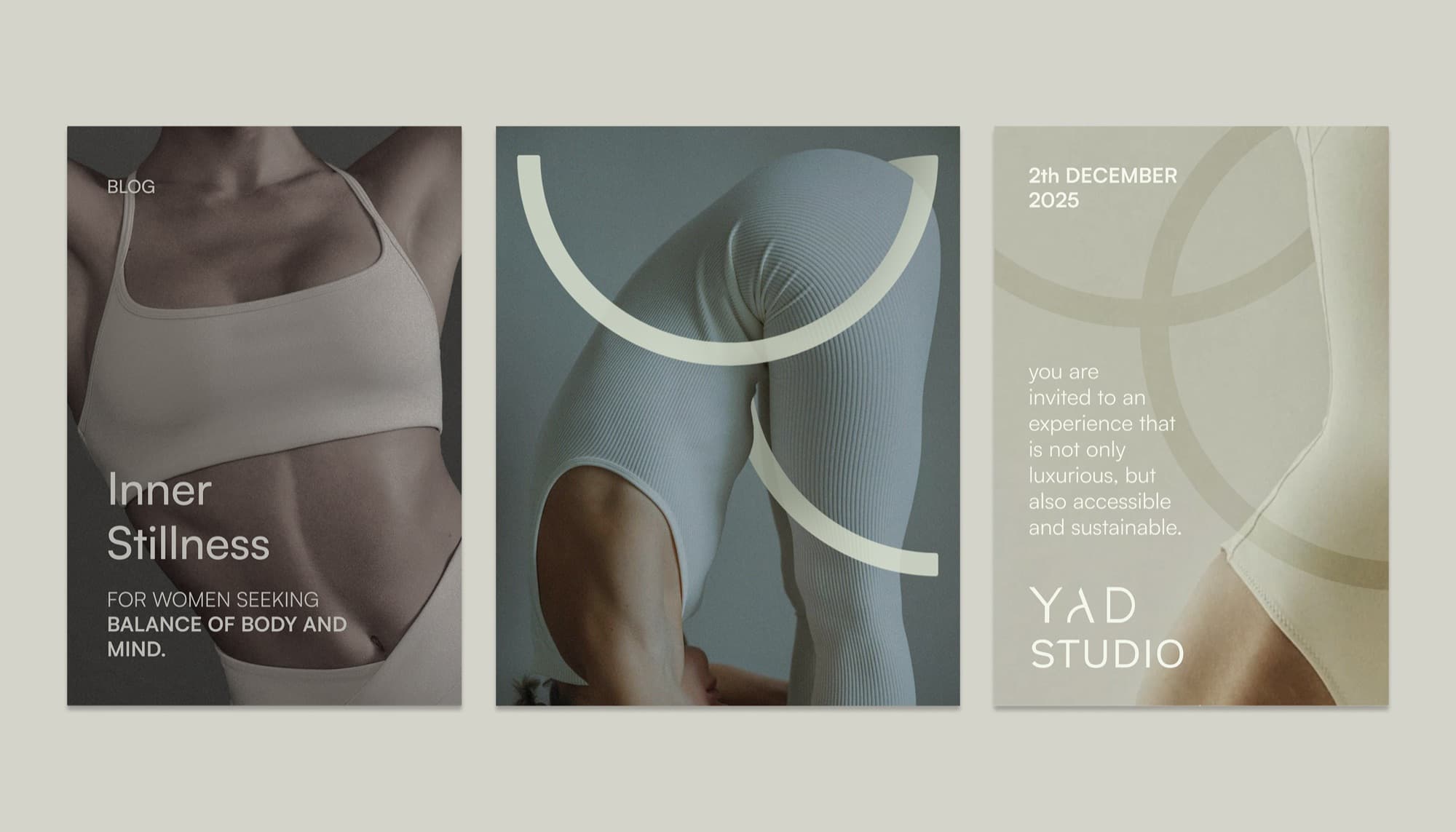 Three YAD Studio editorial posters with photography and the mark.