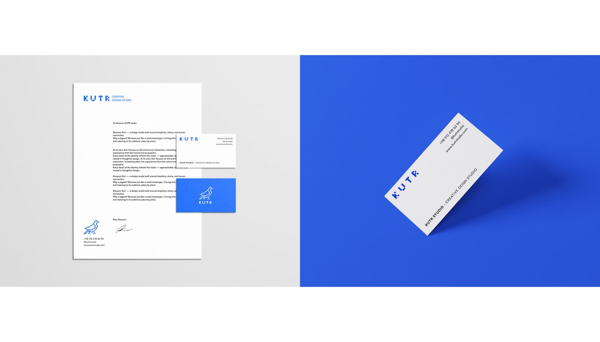 KUTR letterhead and business cards on white and electric blue.