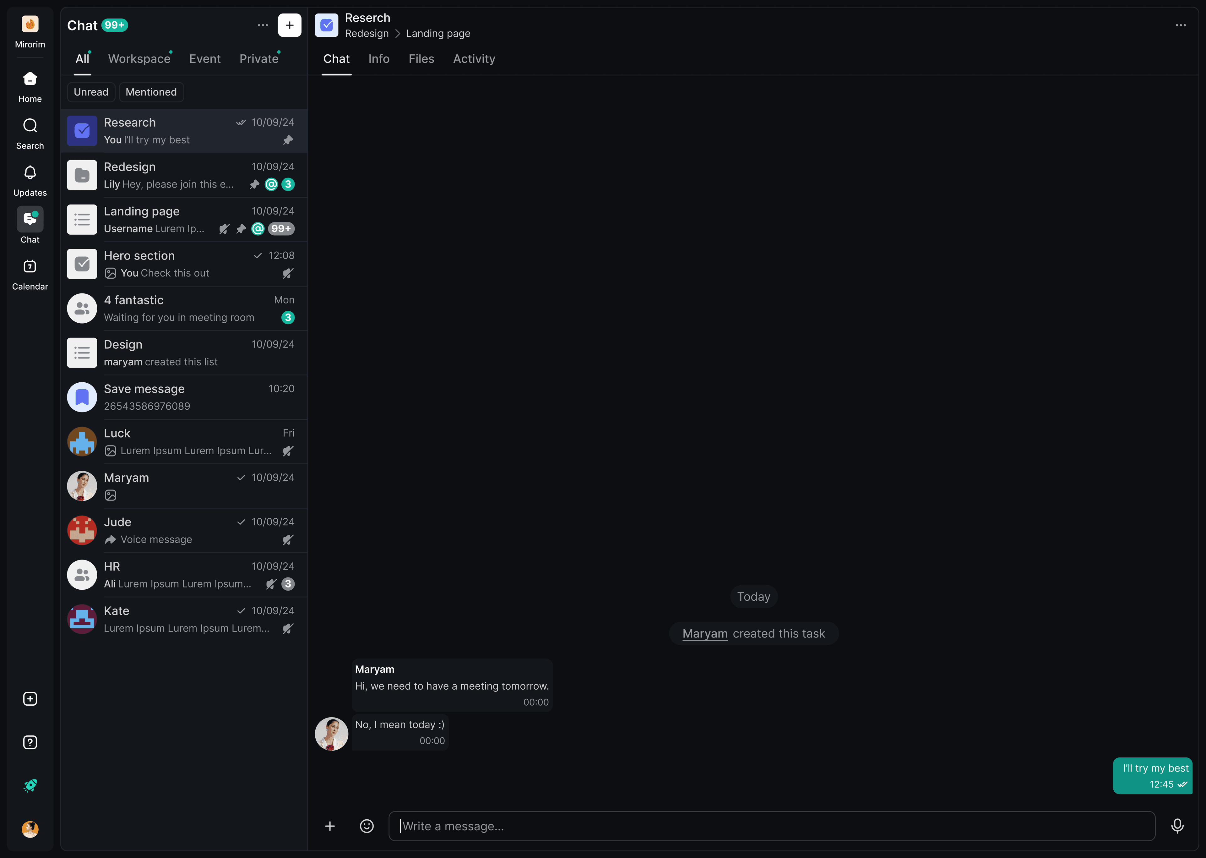 Mirorim chat workspace in dark mode, with a filtered conversation list and an open thread.