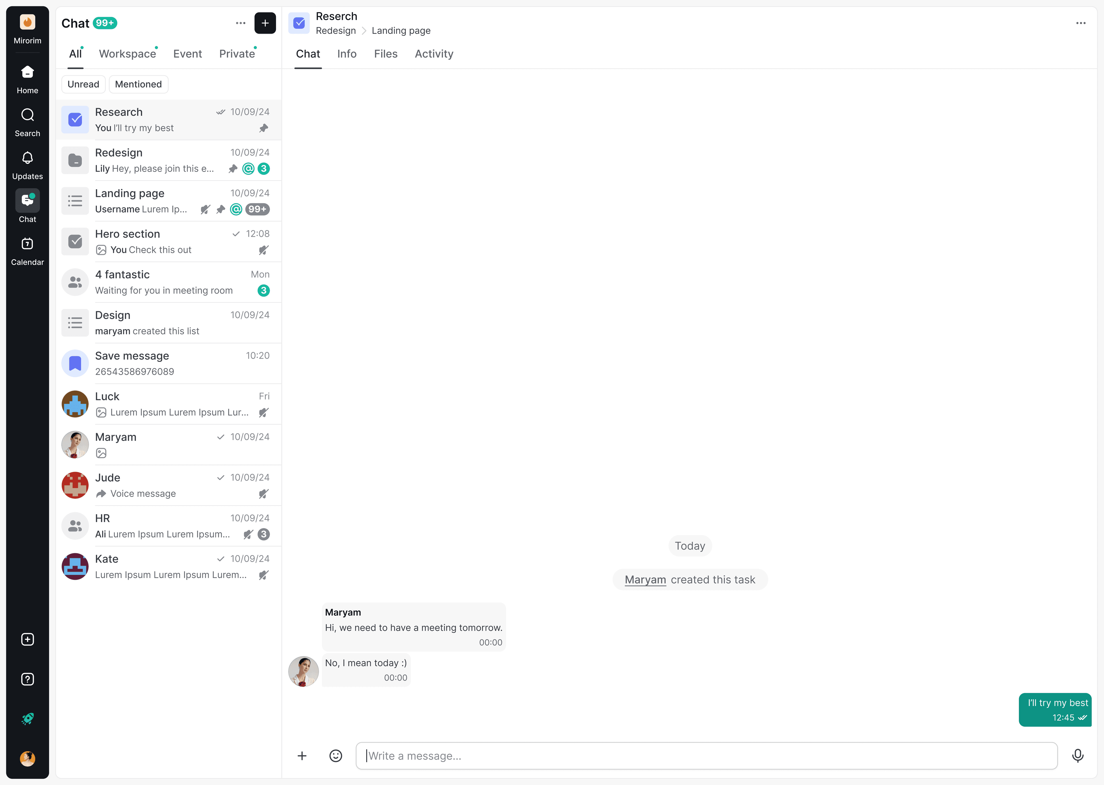 Mirorim chat workspace in light mode, with a filtered conversation list and an open thread.